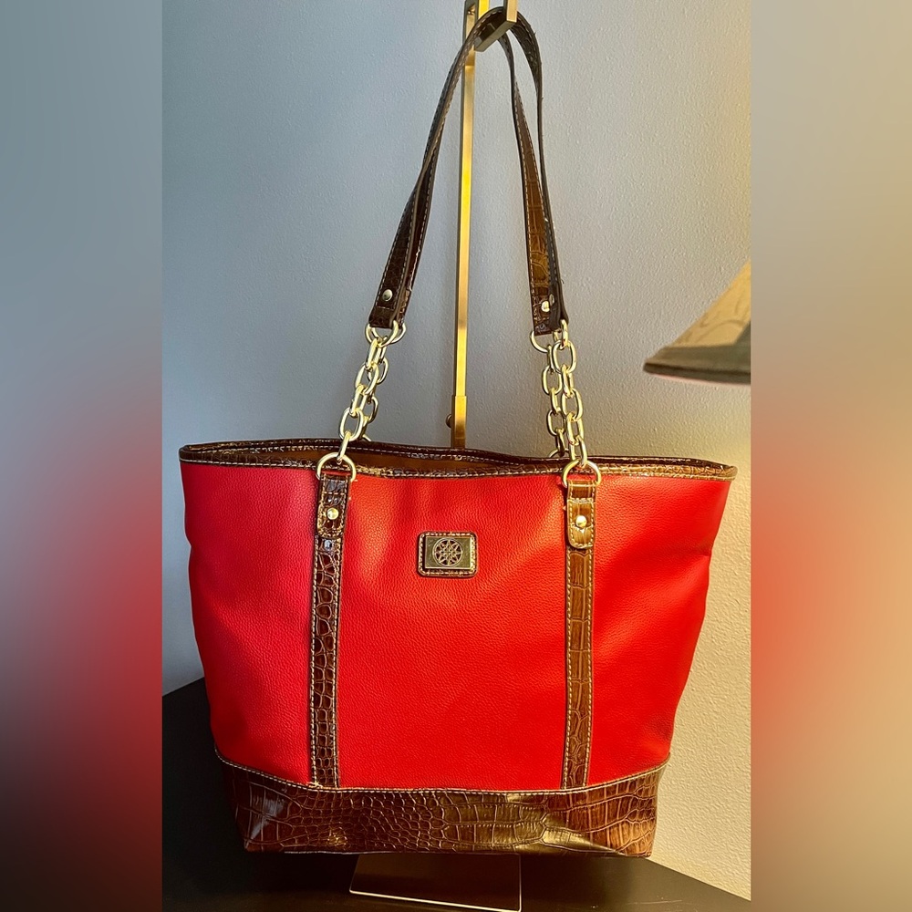Like New Vegan Leather Red Tote Bag with Brown Accents